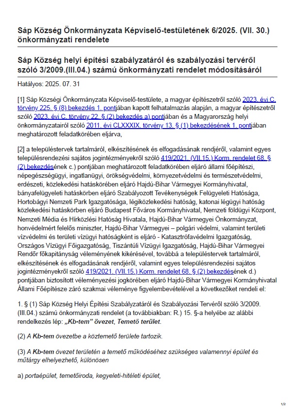 Sap kozseg 2025 6 onkormanyzati rendelete helyi epitesi eloiras modositasa